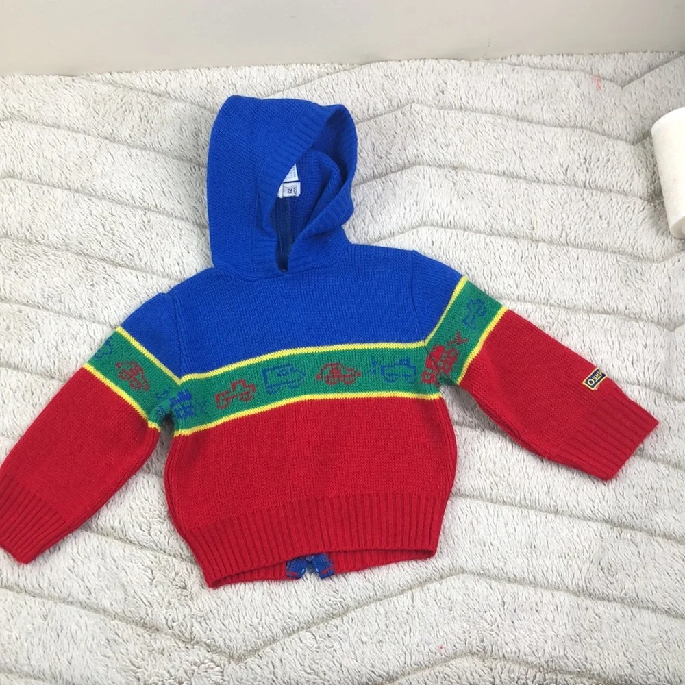 Vintage Osh Kosh Hooded Zipper Sweater Truck Knit